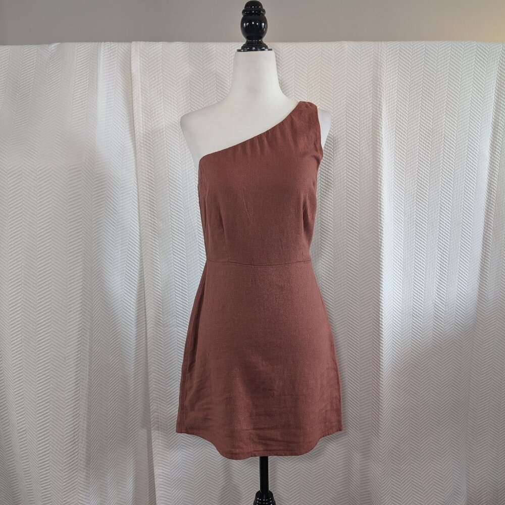 Abercrombie & Fitch Linen One Shoulder Mini Dress Brown Small Minimalist NEW NWT